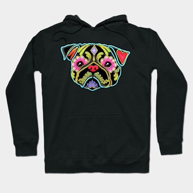 Pug in Black - Day of the Dead Sugar Skull Dog Hoodie by prettyinink